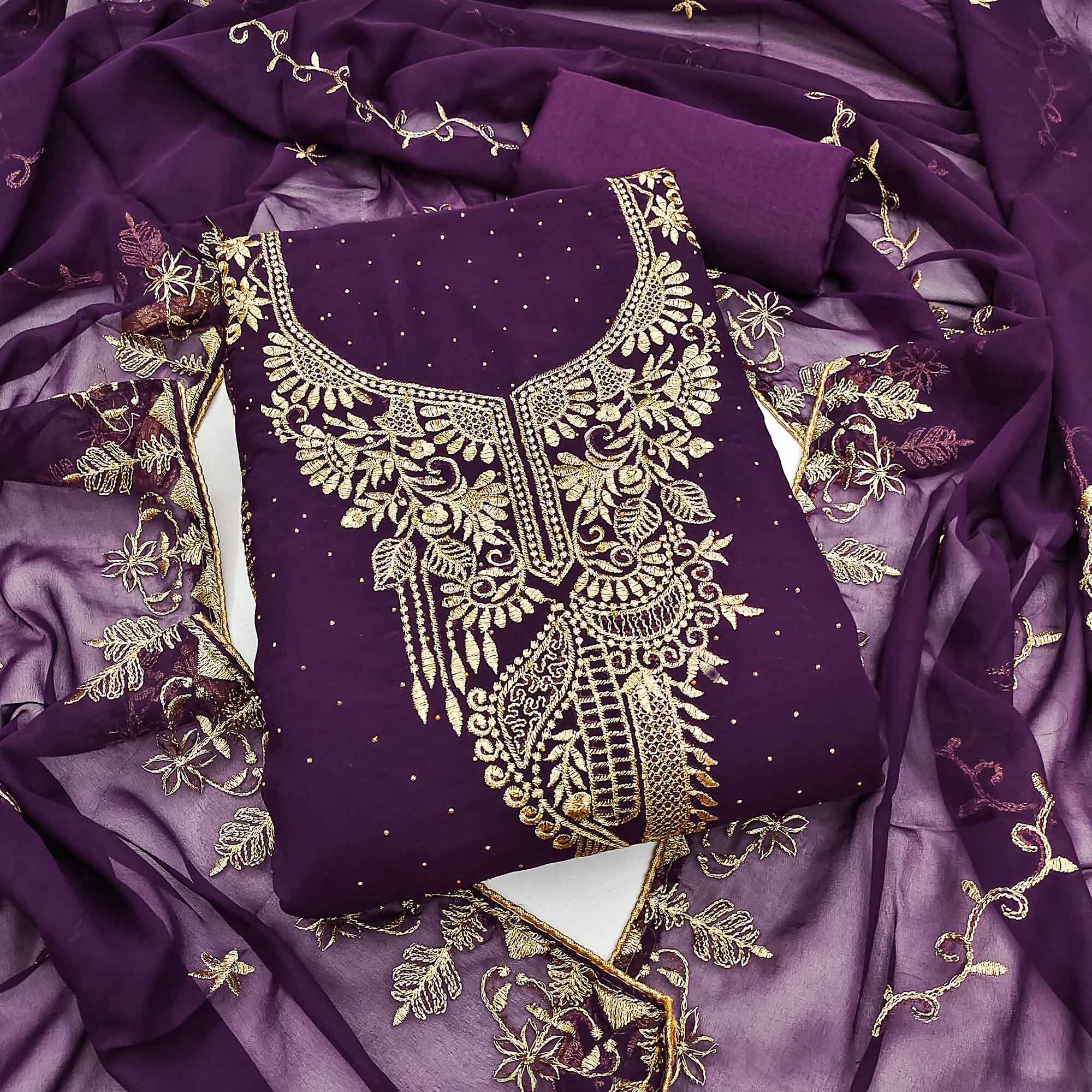 Ethnic Purple Floral Embroidered Georgette Dress Material With Shimmering Swarovski Accents