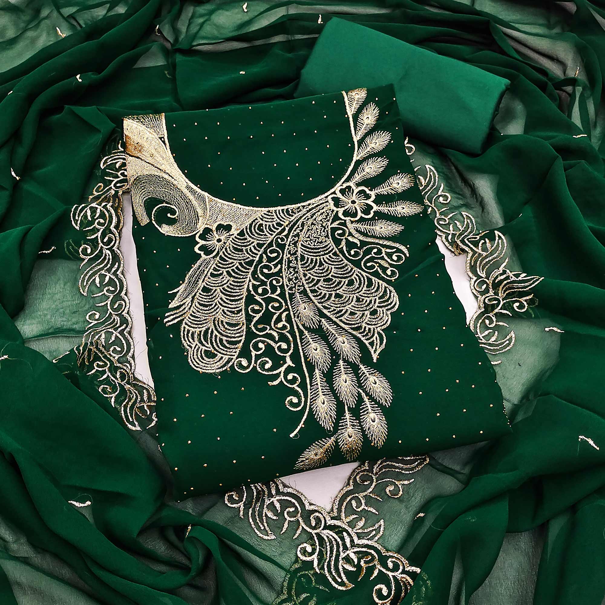 Sophisticated Green Floral Embroidered Georgette Dress Material Enhanced With Fine Swarovski Work