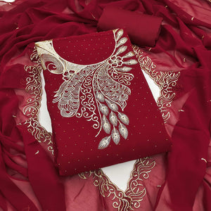 Sophisticated Maroon Floral Embroidered Georgette Dress Material Enhanced With Fine Swarovski Work