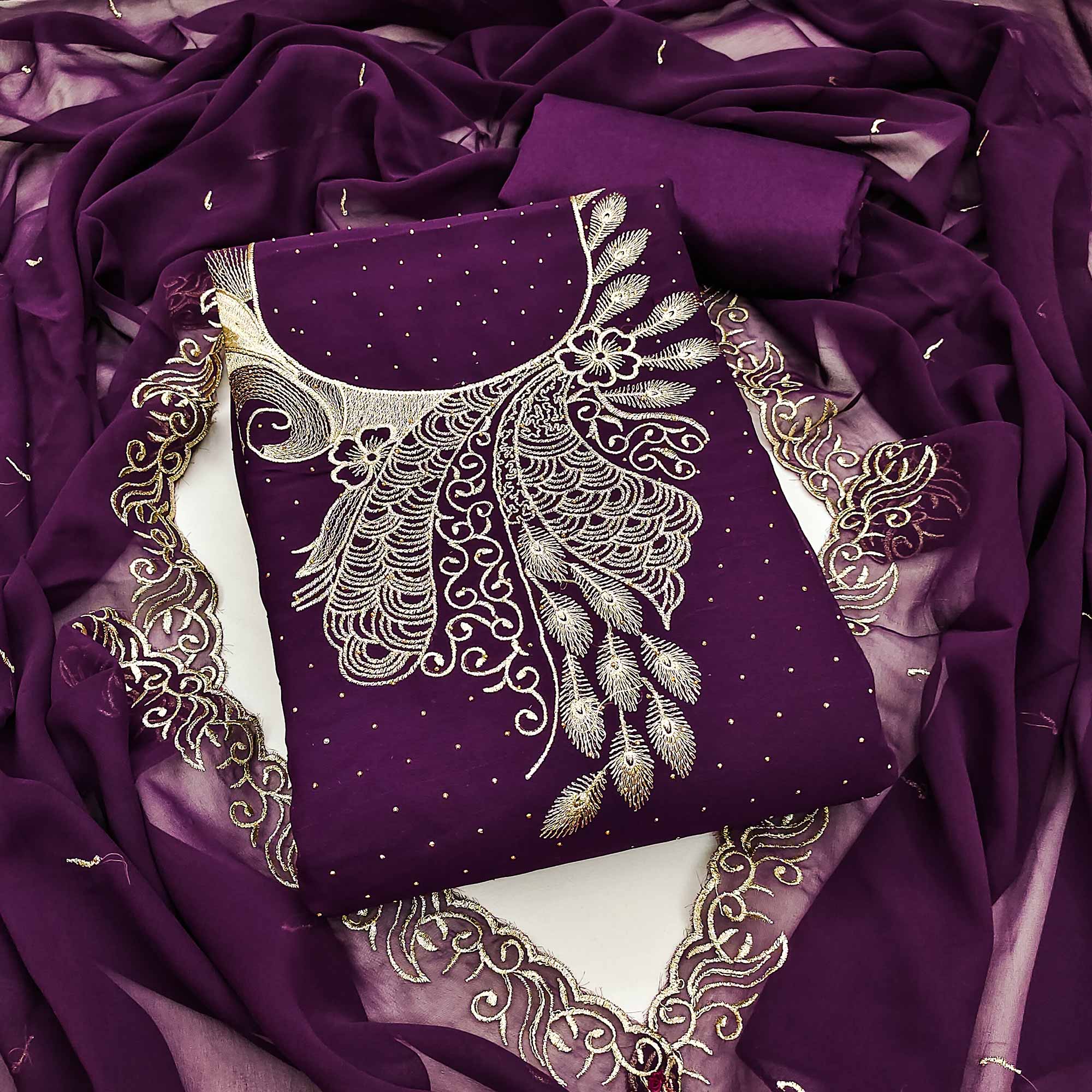 Sophisticated Purple Floral Embroidered Georgette Dress Material Enhanced With Fine Swarovski Work