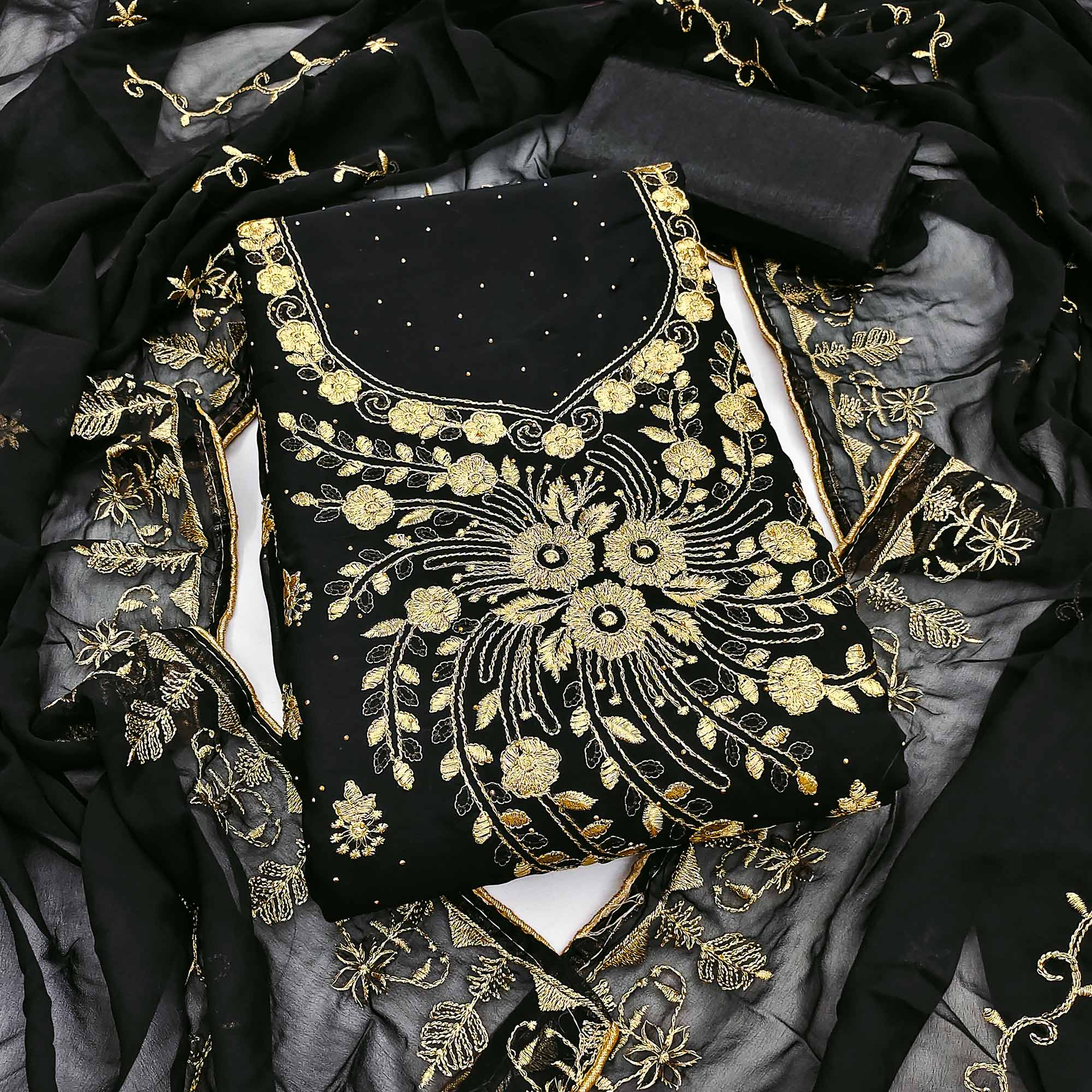 Classic Black Floral Embroidery Georgette Dress Material With Subtle Swarovski Embellishments