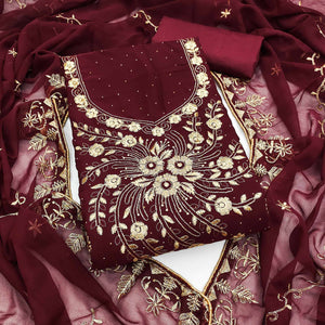 Classic Maroon Floral Embroidery Georgette Dress Material With Subtle Swarovski Embellishments