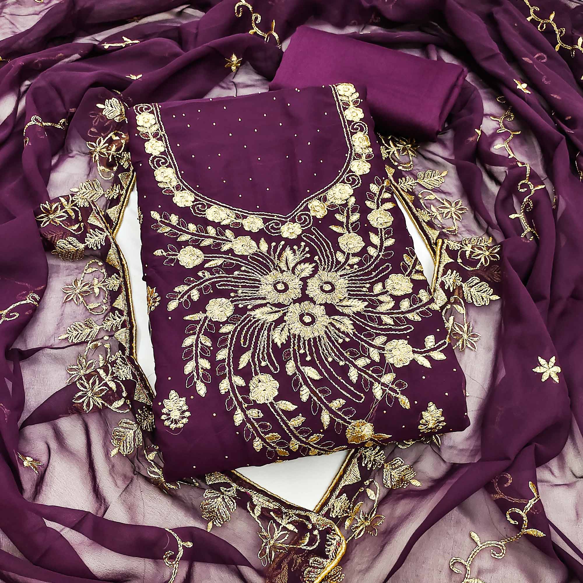 Classic Purple Floral Embroidery Georgette Dress Material With Subtle Swarovski Embellishments