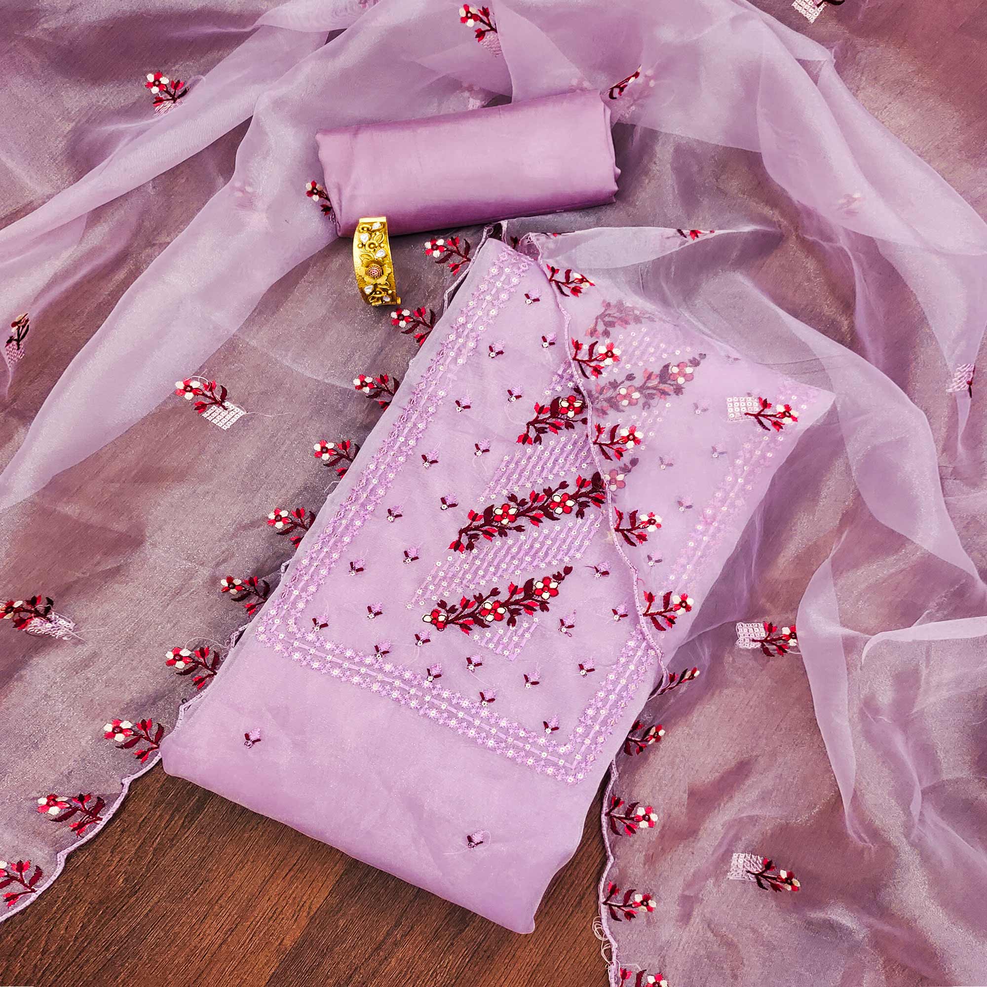 Light Lavendar Floral Sequins Embroidered Organza Dress Material