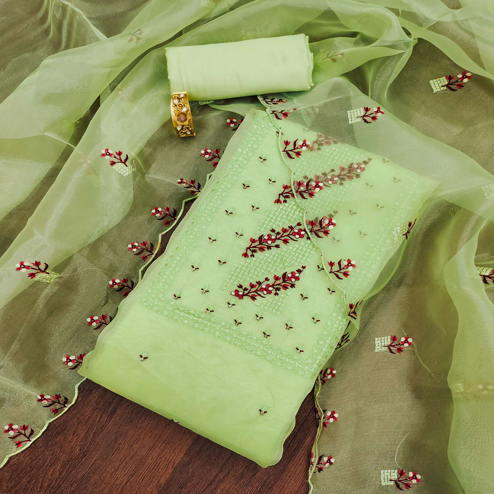 Pista Green Floral Sequins Embroidered Organza Dress Material