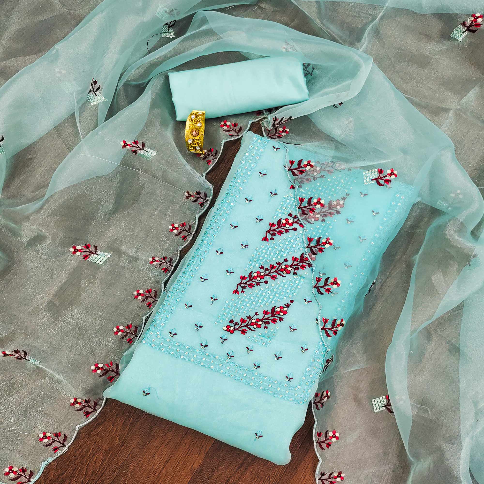 Sky Blue Floral Sequins Embroidered Organza Dress Material