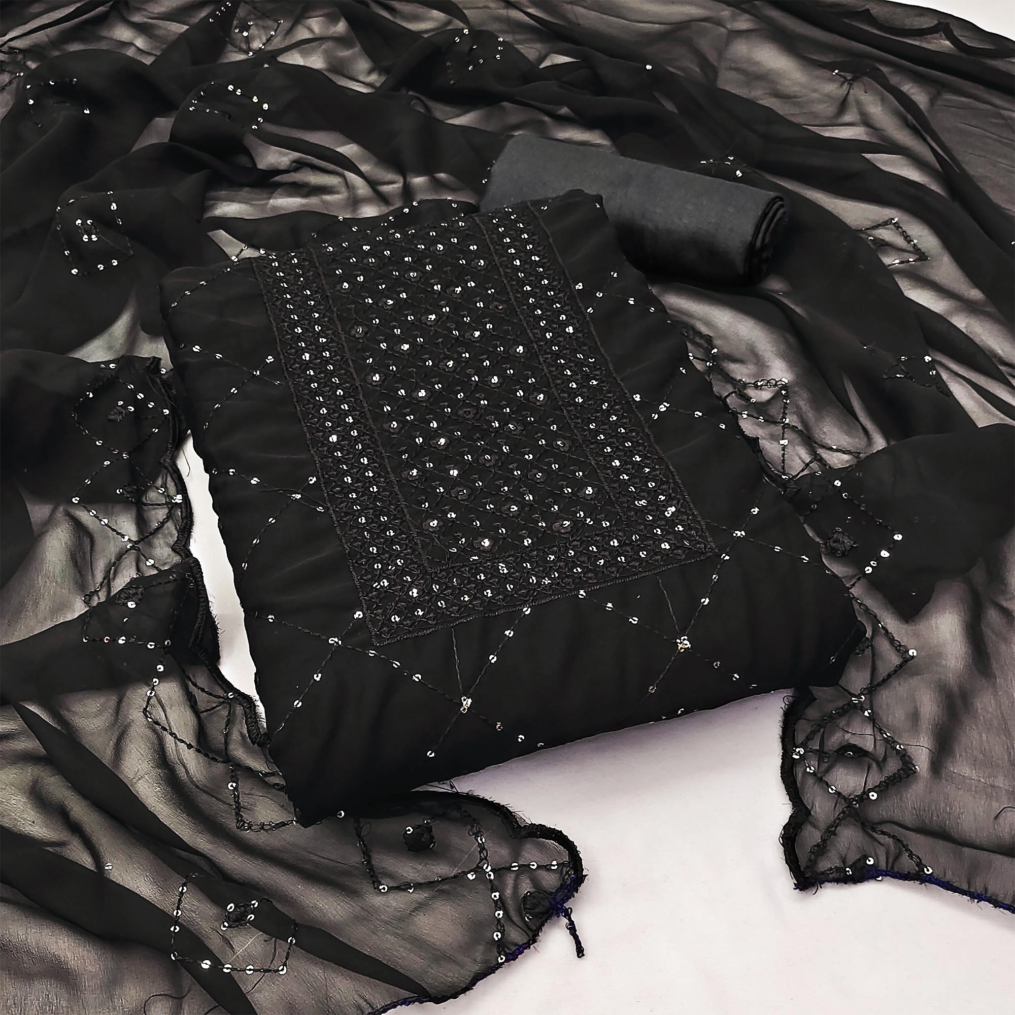 Black Georgette Dress Material Featuring Delicate Thread Embroidery & Sequin Accent