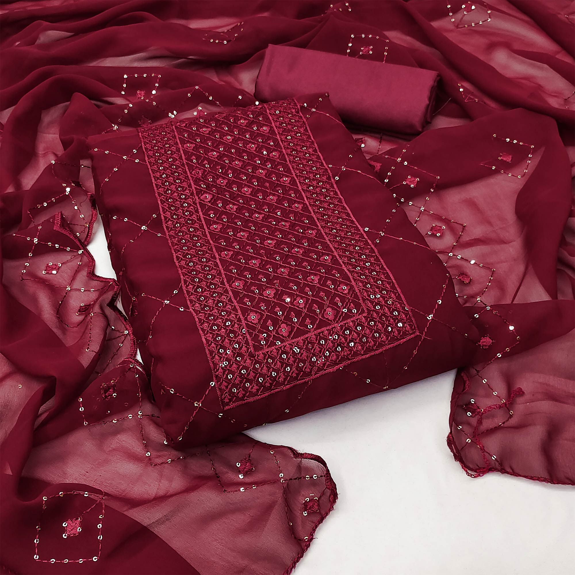 Maroon Georgette Dress Material Featuring Delicate Thread Embroidery & Sequin Accent