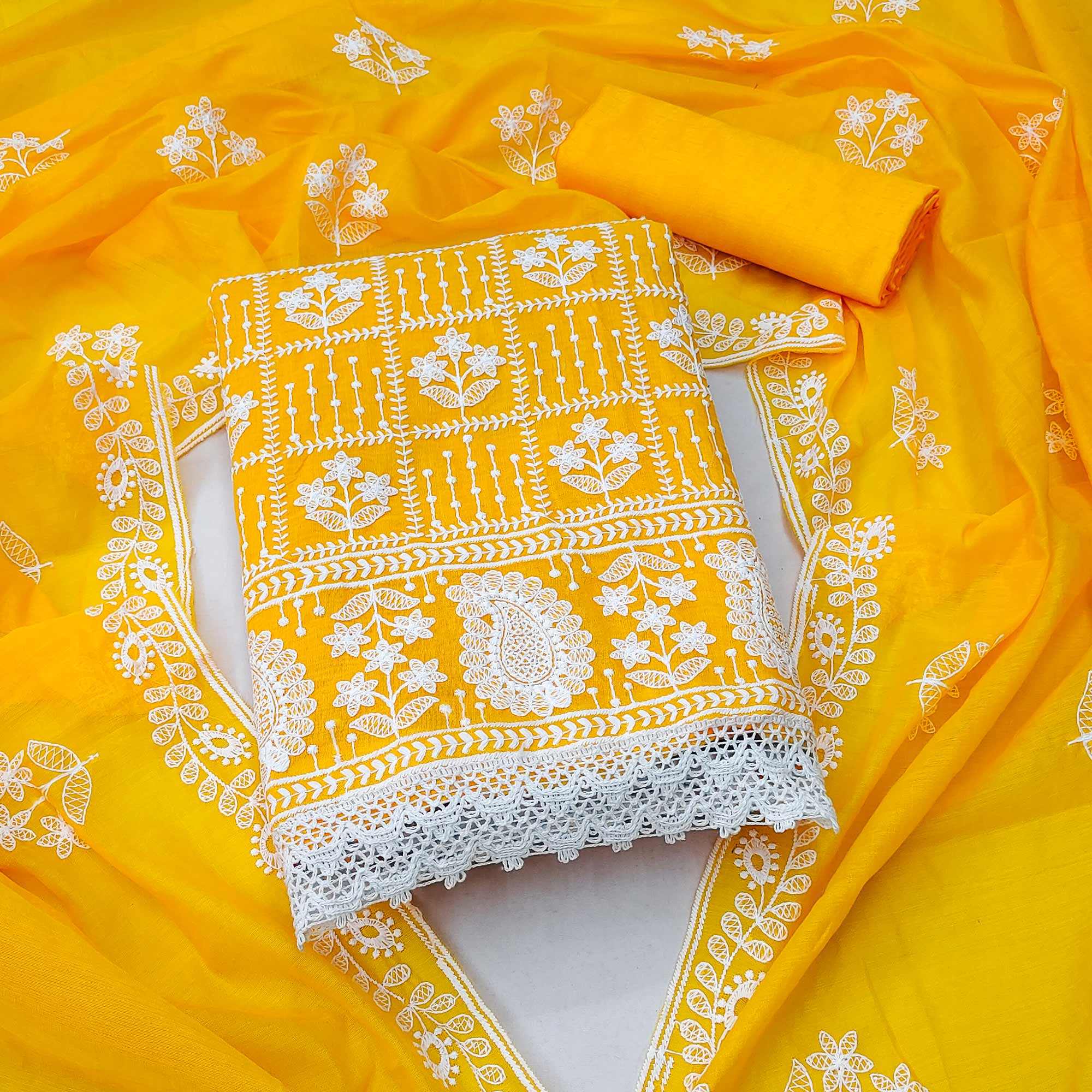 Yellow Floral Embroidered Chanderi Cotton Dress Material