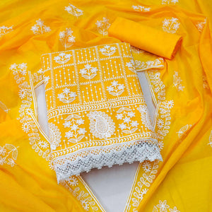 Yellow Floral Embroidered Chanderi Cotton Dress Material
