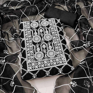 Black Floral Embroidered Organza Dress Material