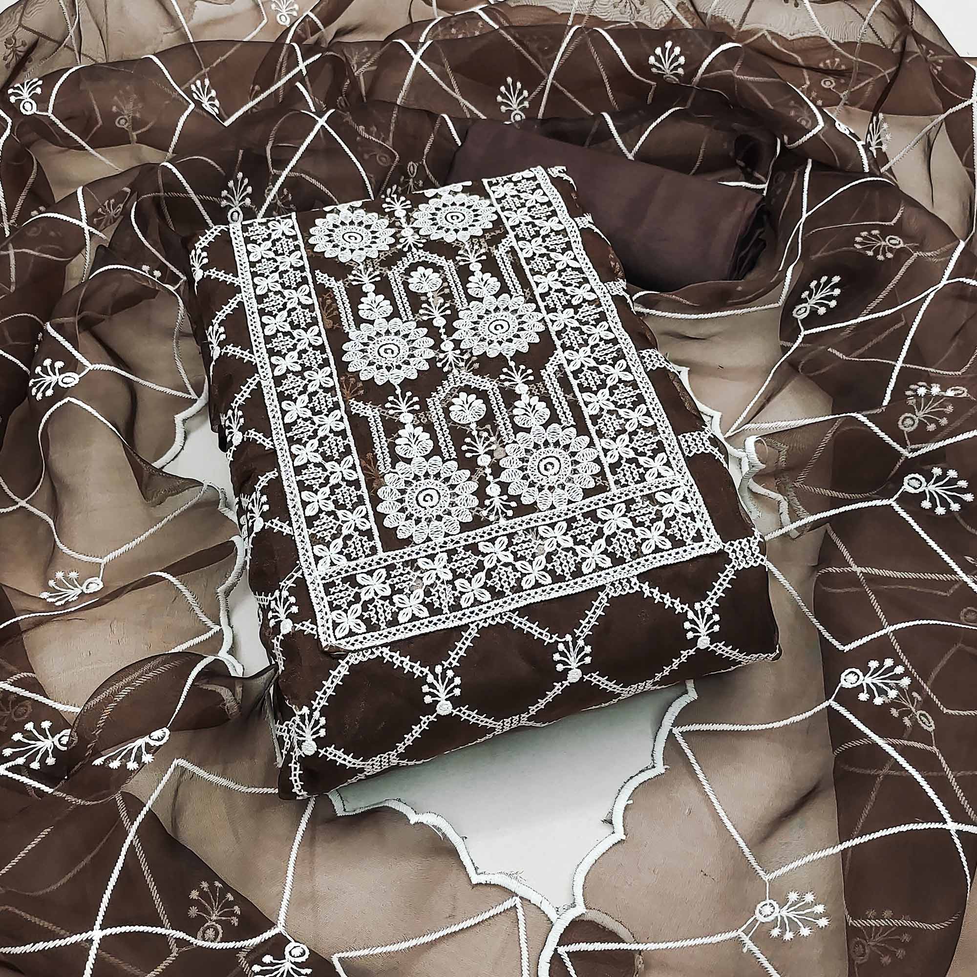 Brown Sheer Organza Suit Material with Floral Embroidery Detailing