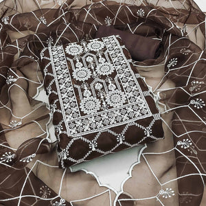 Brown Sheer Organza Suit Material with Floral Embroidery Detailing