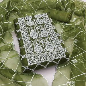 Green Sheer Organza Suit Material with Floral Embroidery Detailing