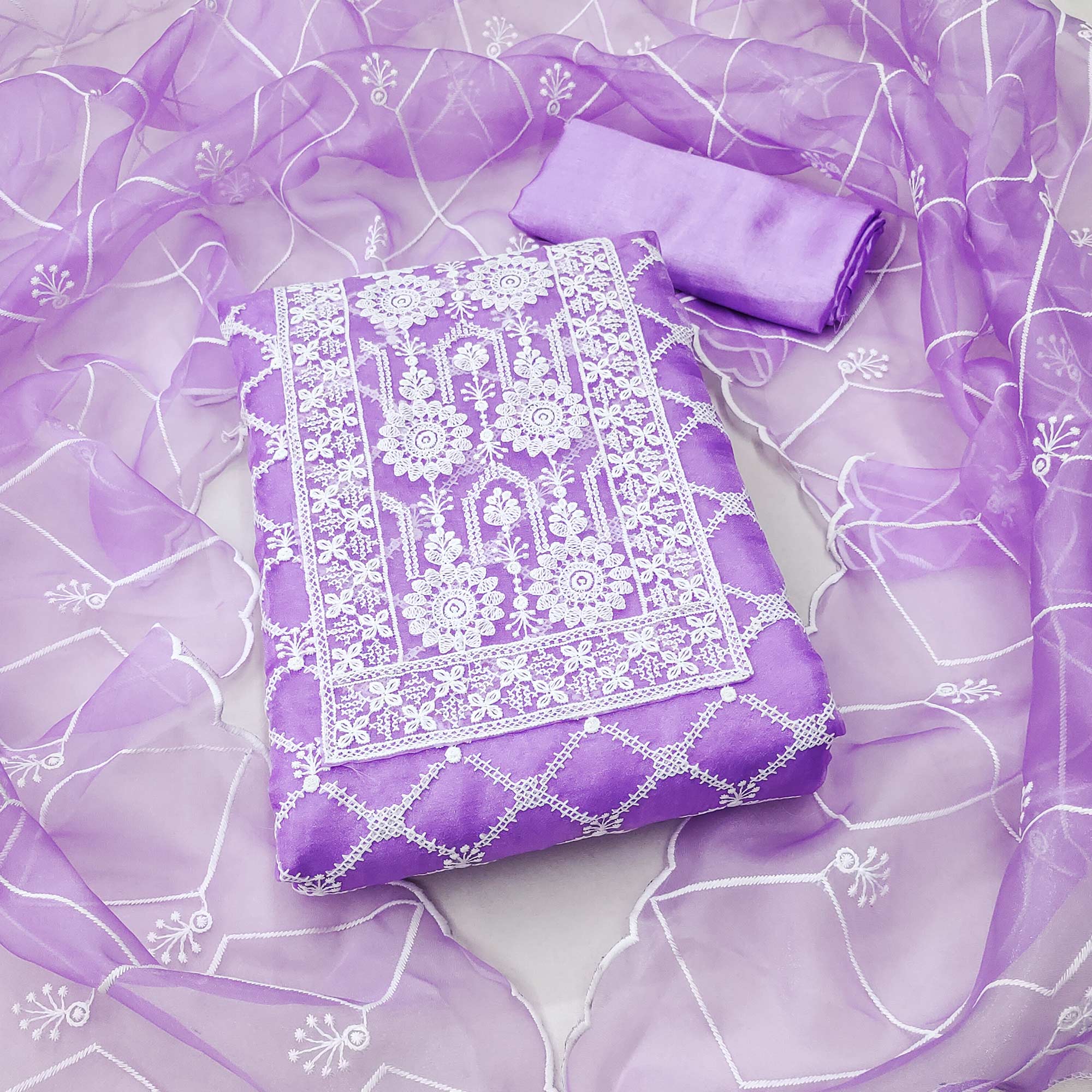 Lavender Floral Embroidered Organza Dress Material