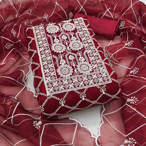 Maroon Sheer Organza Suit Material with Floral Embroidery Detailing