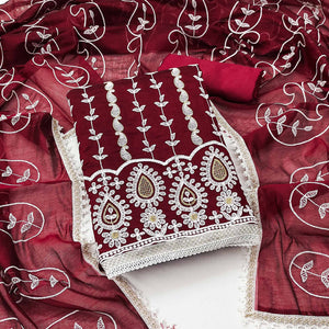 Maroon Floral Embroidered Chanderi Cotton Dress Material