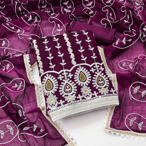 Wine Floral Embroidered Chanderi Cotton Dress Material