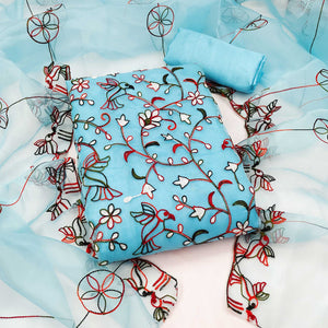 Blue Floral Embroidered Organza Dress Material