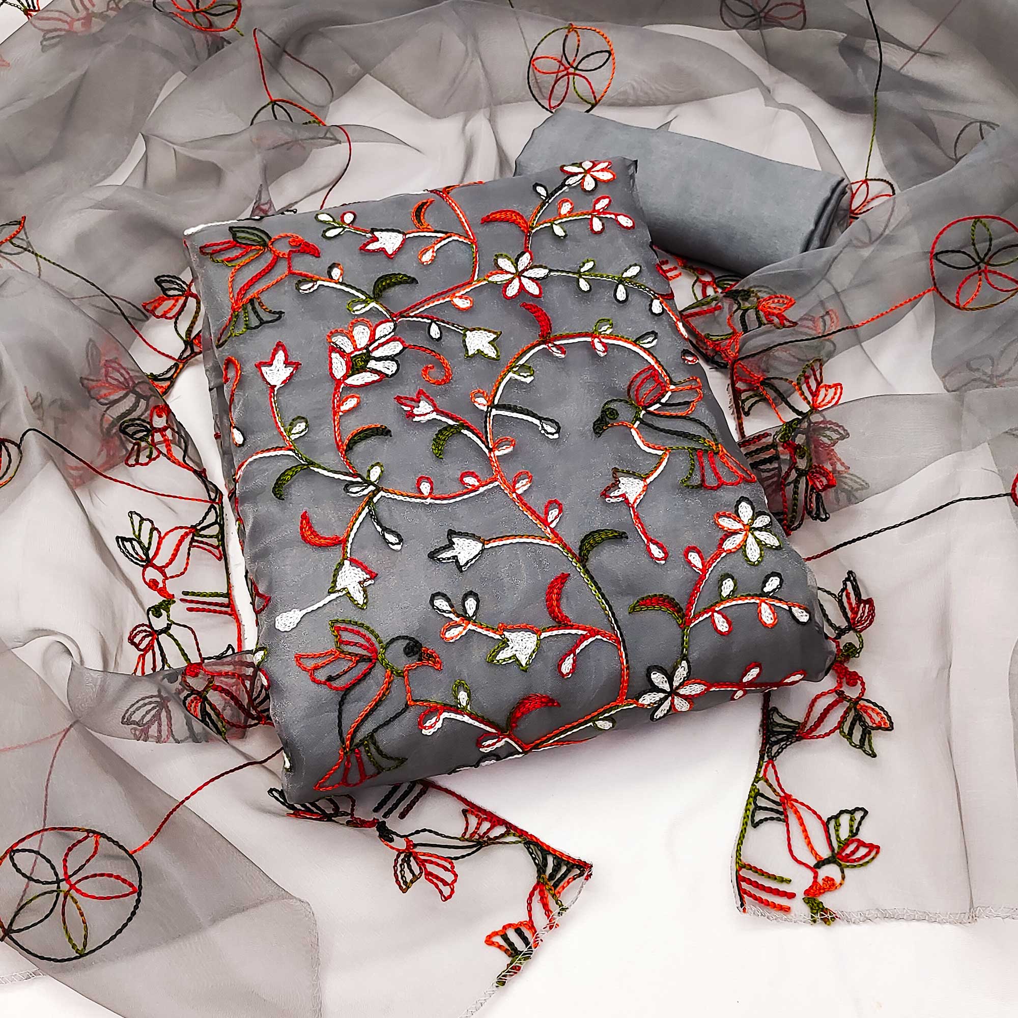 Grey Floral Embroidered Organza Dress Material