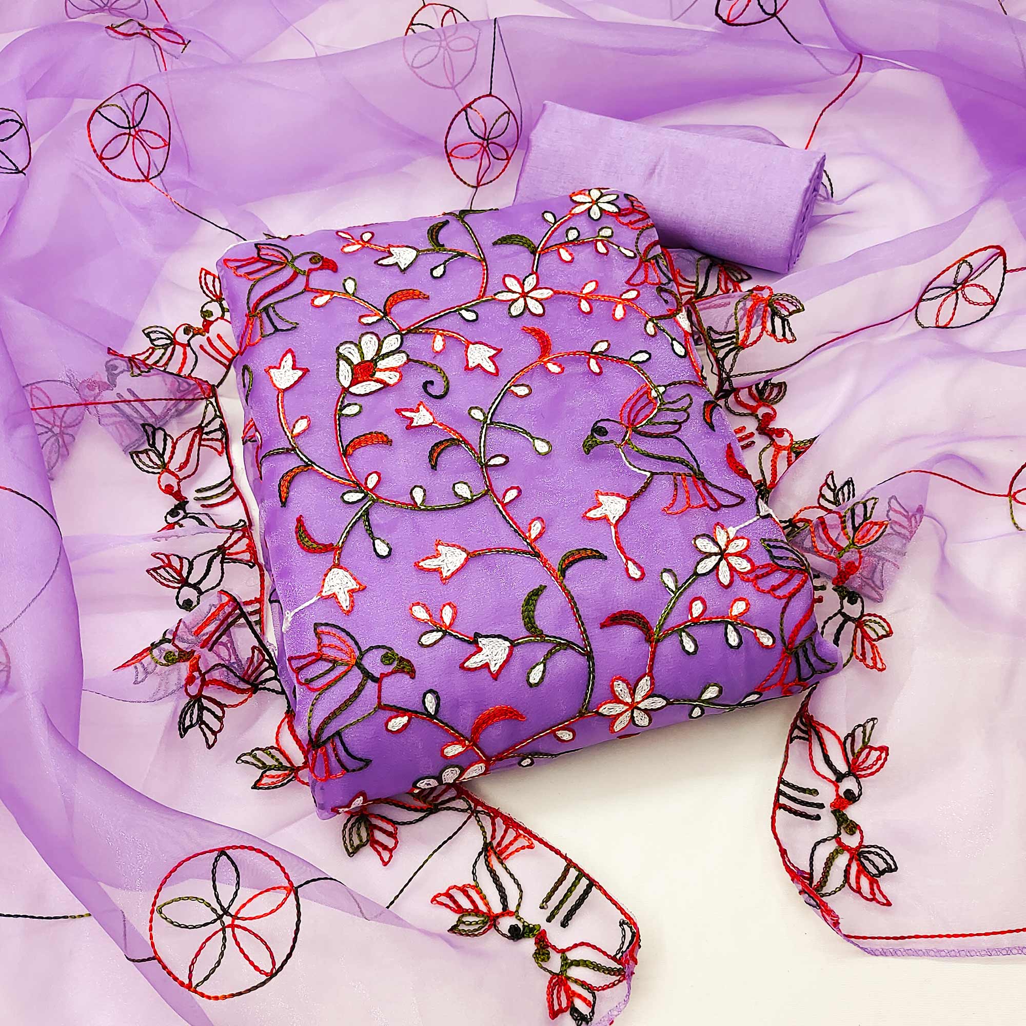 Lavender Floral Embroidered Organza Dress Material