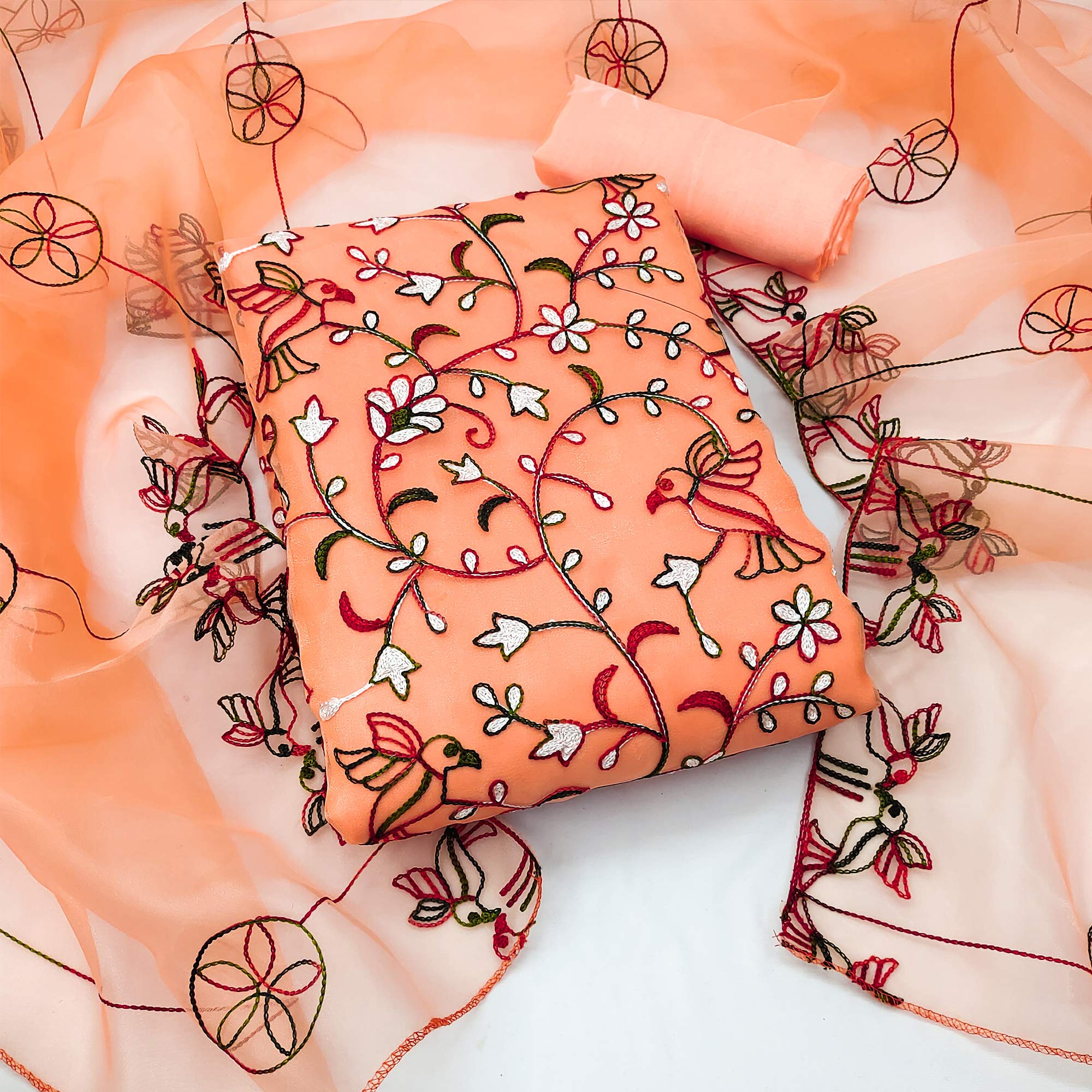 Peach Floral Embroidered Organza Dress Material