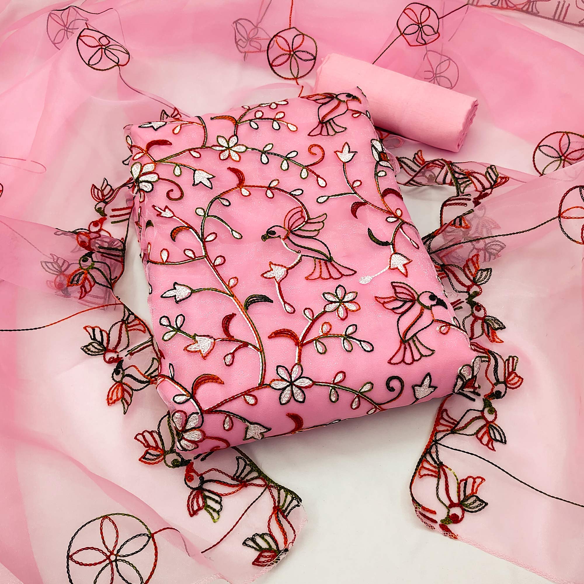 Pink Floral Embroidered Organza Dress Material