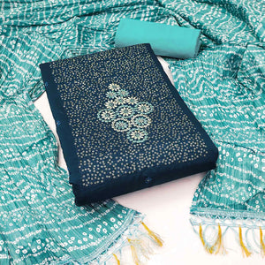 Blue Floral Embroidered Cotton Blend Dress Material Adorned With Sparkling Sequins Work