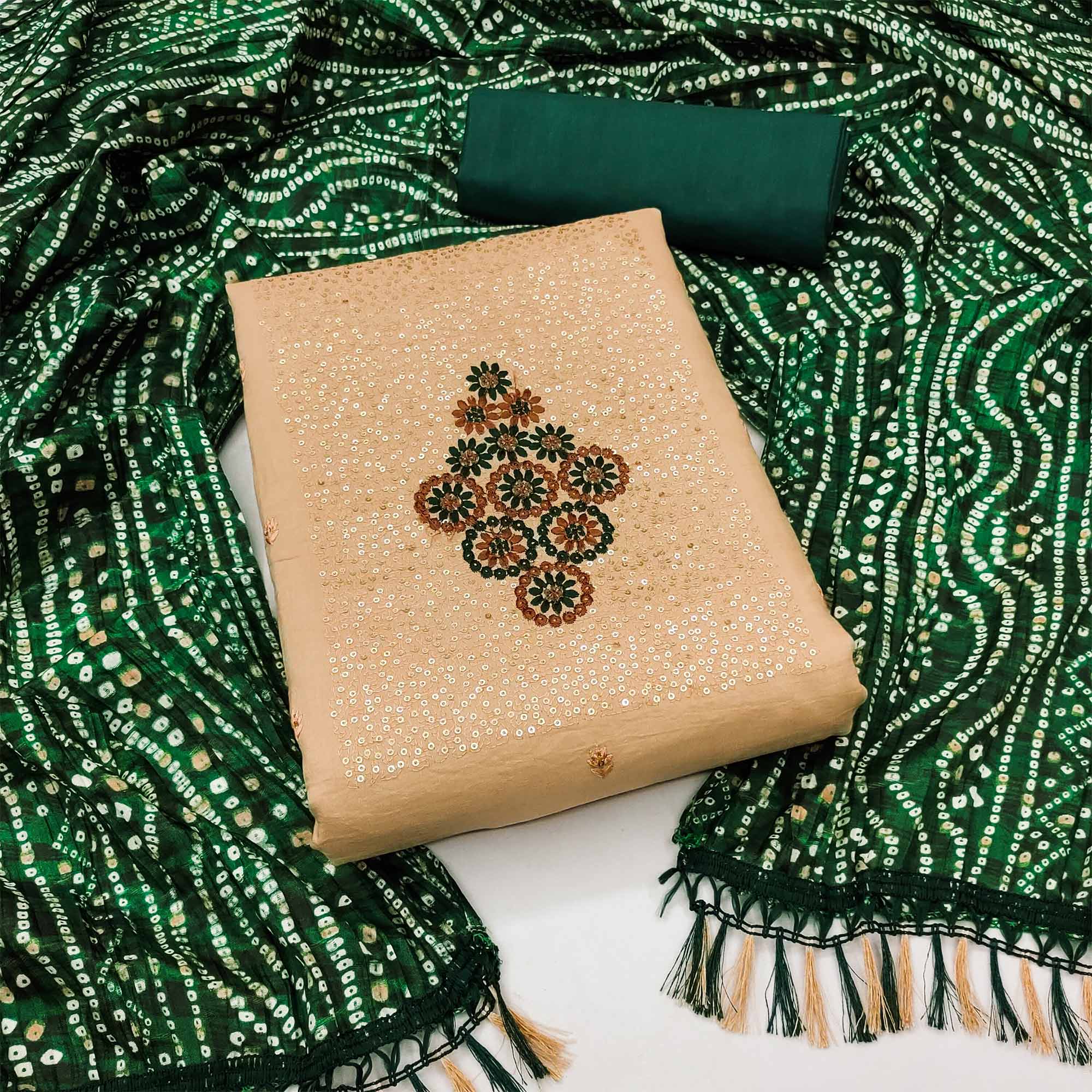 Chikoo Floral Embroidered Cotton Blend Dress Material Adorned With Sparkling Sequins Work