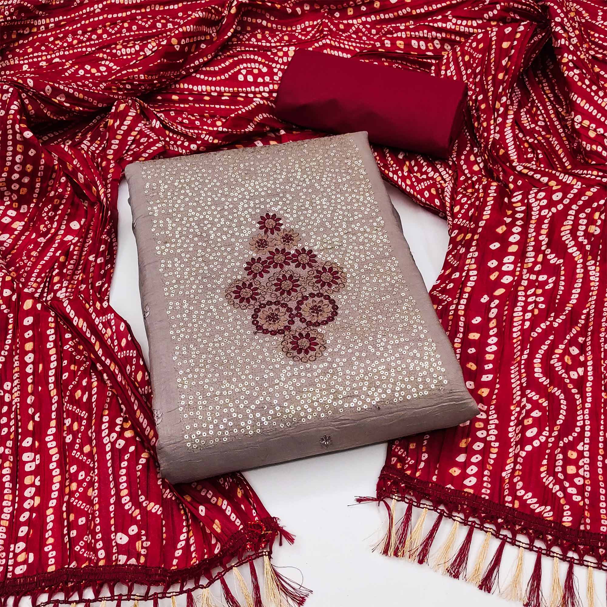 Mauve Floral Embroidered Cotton Blend Dress Material Adorned With Sparkling Sequins Work