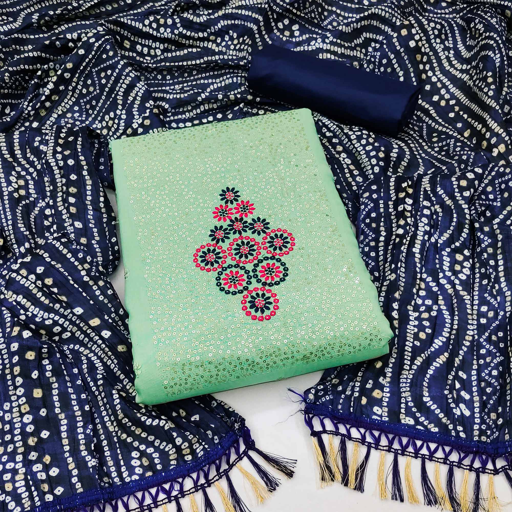 Sea Green Floral Embroidered Cotton Blend Dress Material Adorned With Sparkling Sequins Work