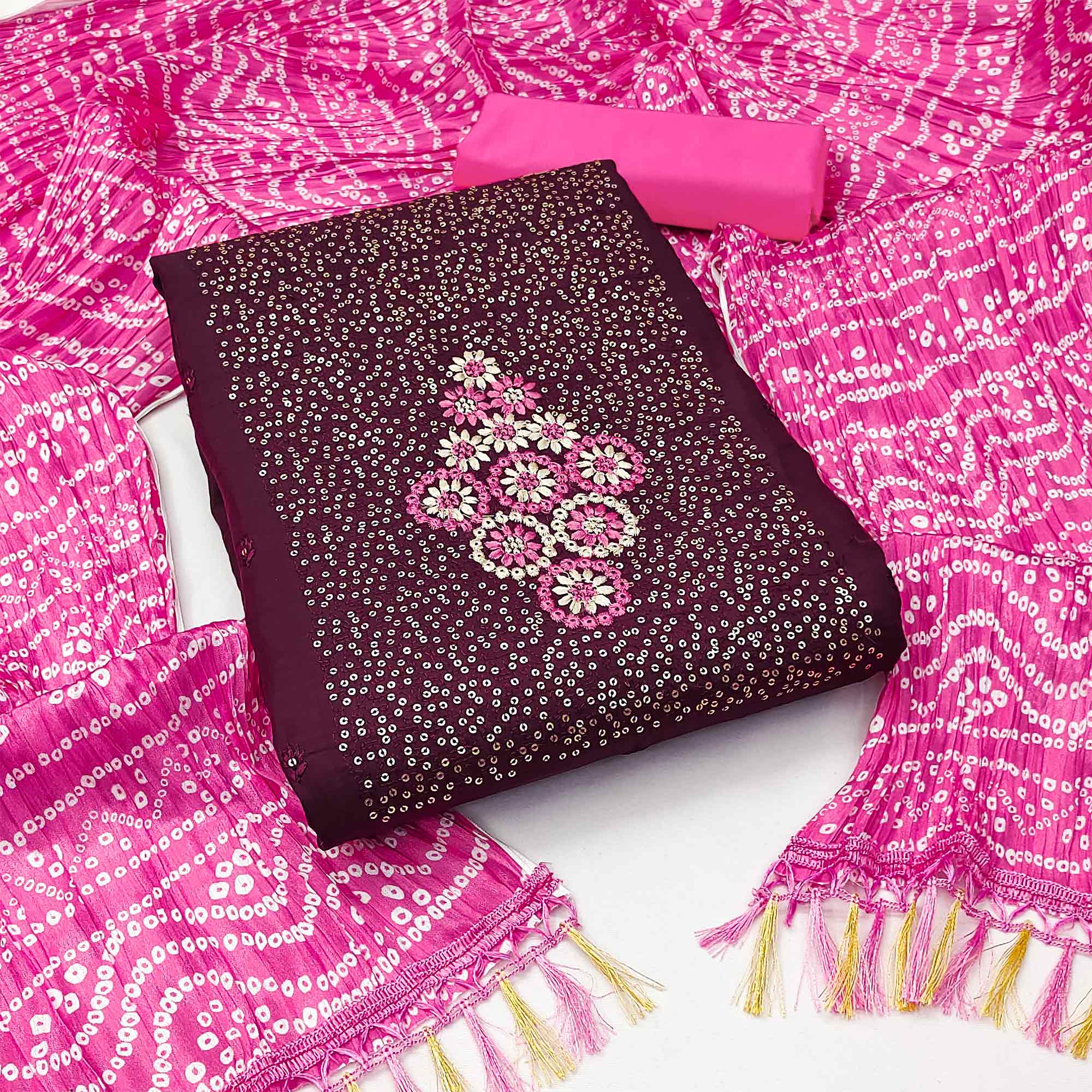 Wine Floral Embroidered Cotton Blend Dress Material Adorned With Sparkling Sequins Work