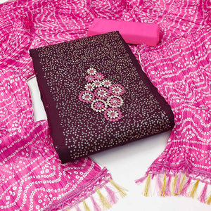 Wine Floral Embroidered Cotton Blend Dress Material Adorned With Sparkling Sequins Work