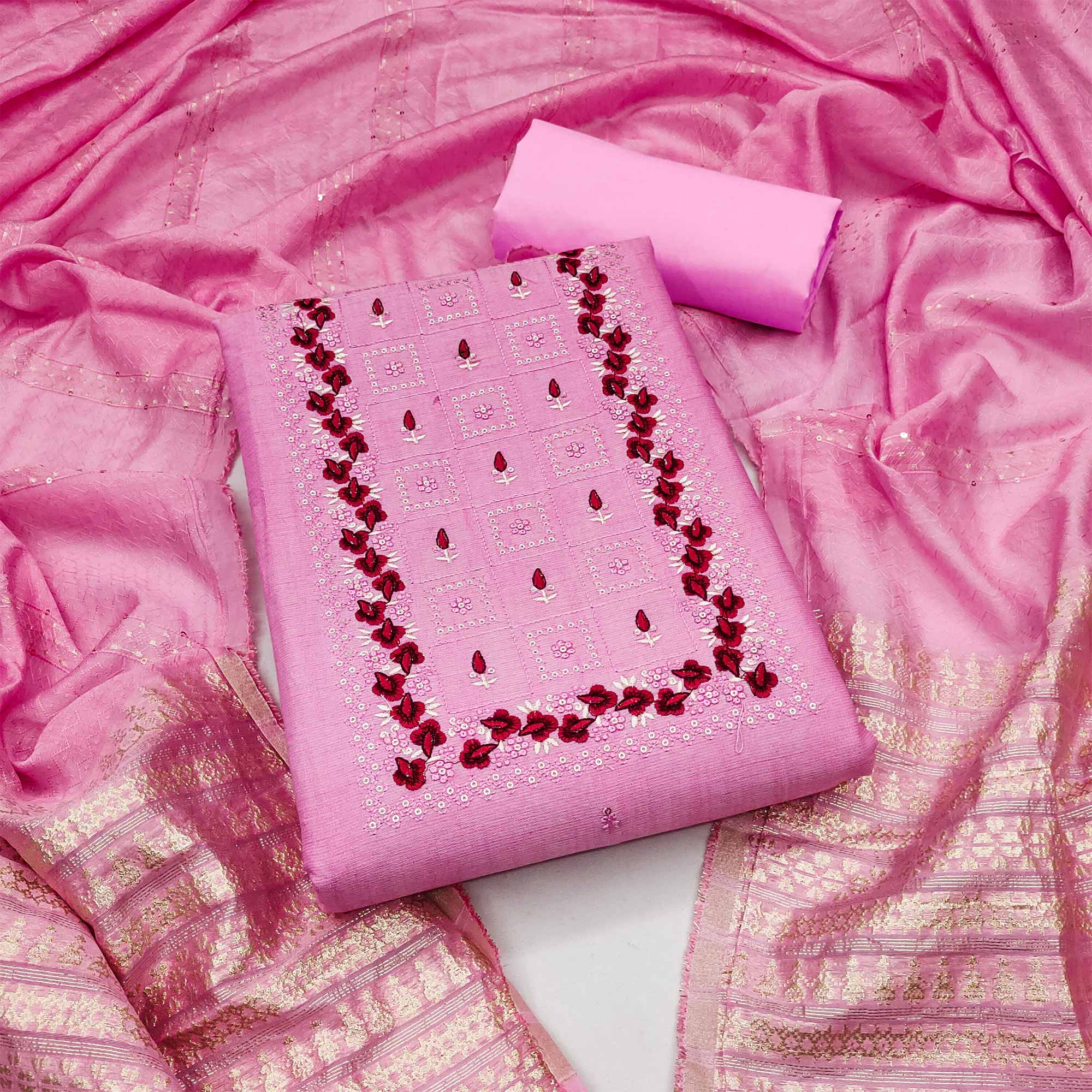 Pink Floral Embroidery Cotton Blend Dress Material Enhanced With Shimmering Sequins Work