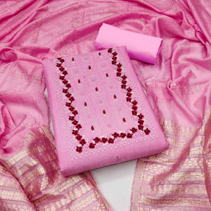 Pink Floral Embroidery Cotton Blend Dress Material Enhanced With Shimmering Sequins Work