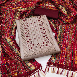 Beige Floral Sequins Embroidered Cotton Silk Dress Material