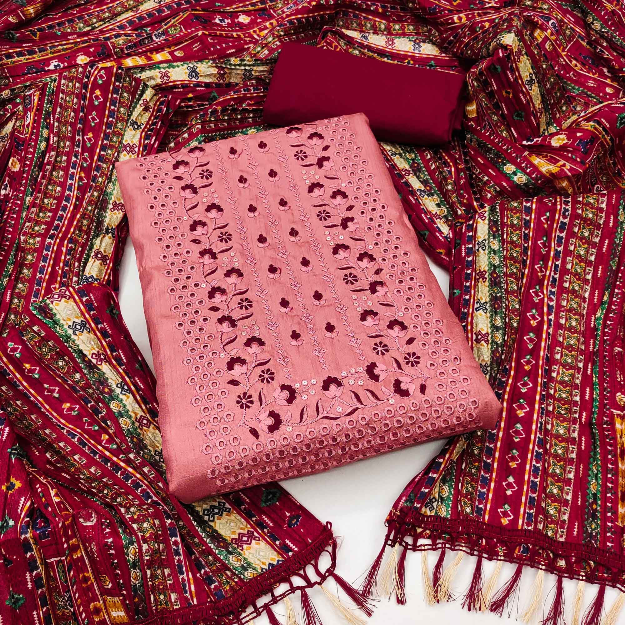 Gajari Pink Floral Sequins Embroidered Cotton Silk Dress Material