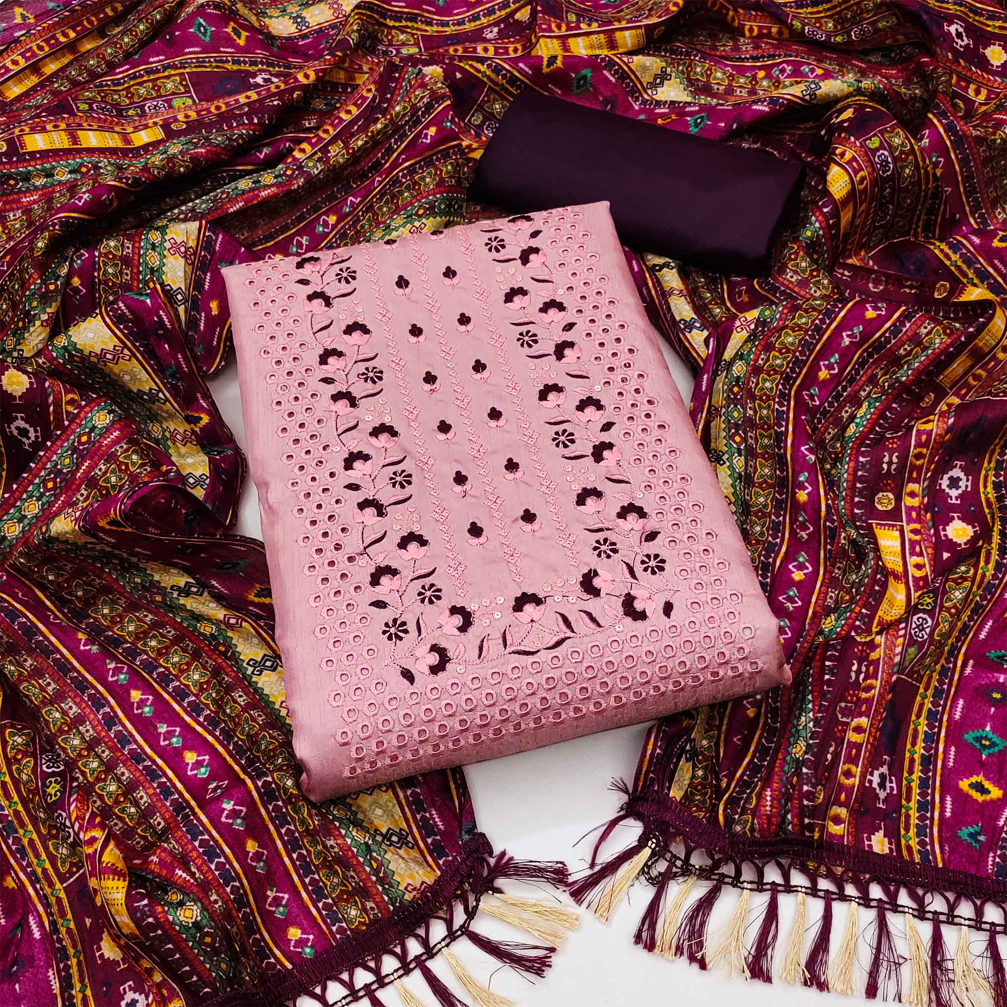 Pink Floral Sequins Embroidered Cotton Silk Dress Material