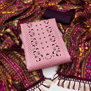 Pink Floral Sequins Embroidered Cotton Silk Dress Material