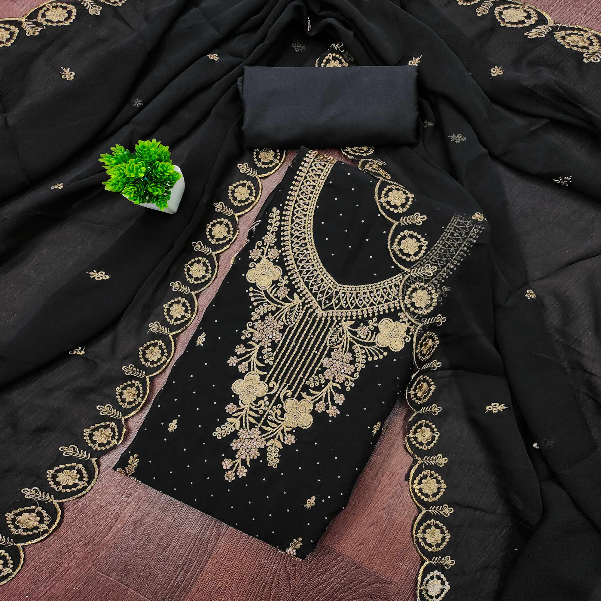 Black Georgette Dress Material Accented With Delicate Floral Embroidery