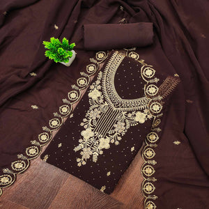 Brown Georgette Dress Material Accented With Delicate Floral Embroidery