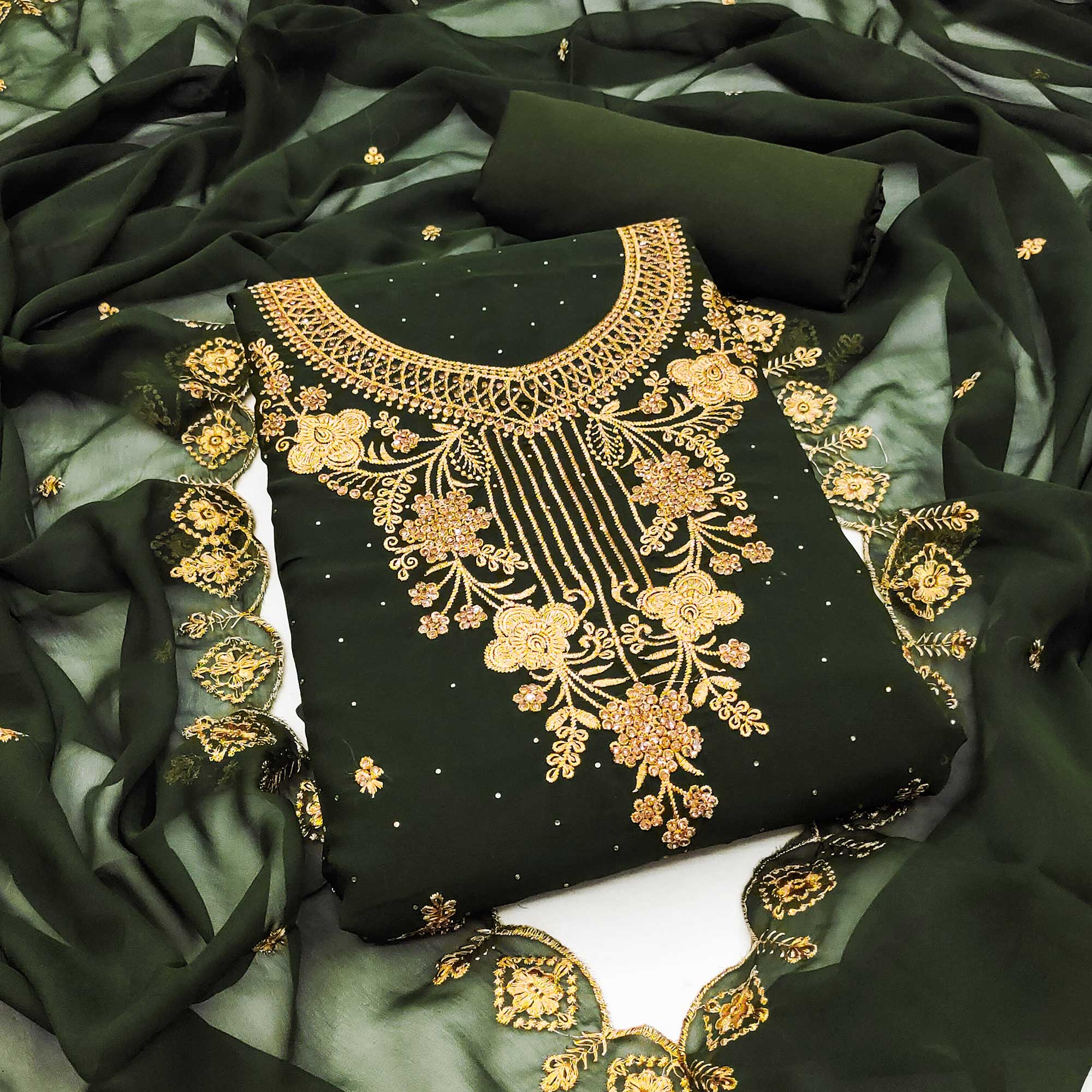 Mehendi Green Floral Embroidered Georgette Dress Material