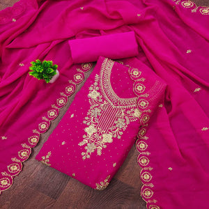 Rani Pink Georgette Dress Material Accented With Delicate Floral Embroidery