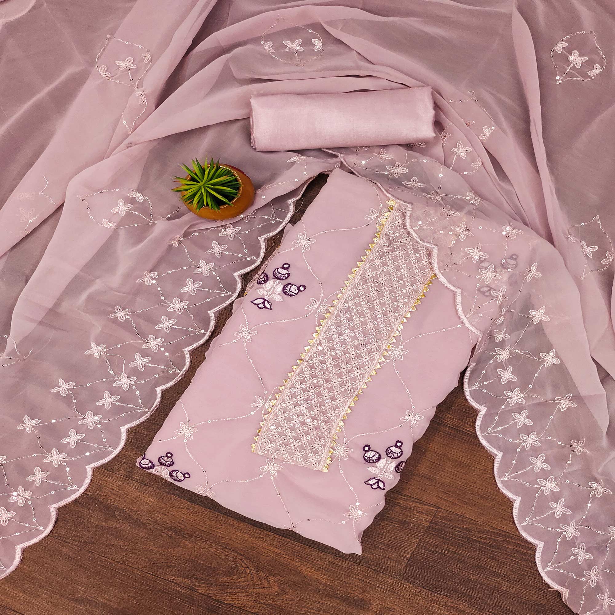 Pink Floral Sequins Embroidered Georgette Dress Material