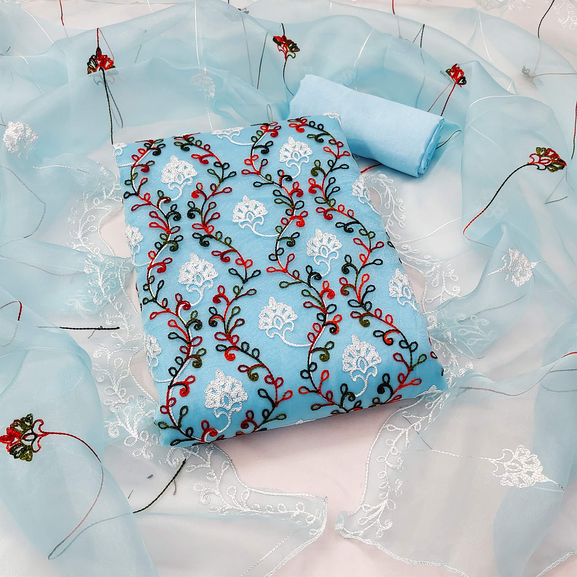 Elegant Blue Organza Dress Material Ensemble With Exquisite Floral Embroidery