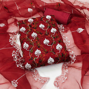 Elegant Maroon Organza Dress Material Ensemble With Exquisite Floral Embroidery