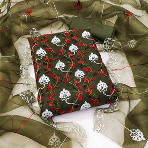 Elegant Mehendi Green Organza Dress Material Ensemble With Exquisite Floral Embroidery