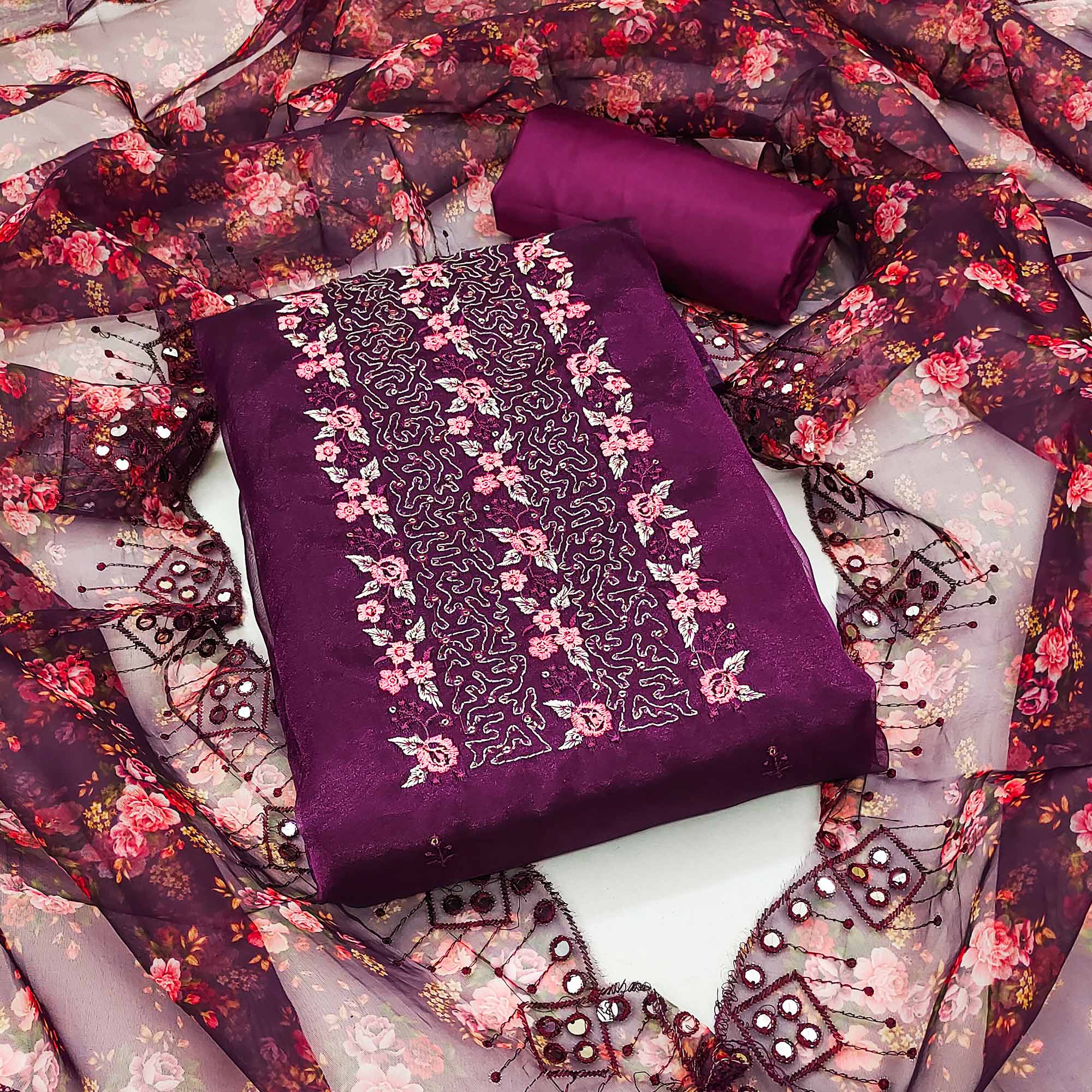 Purple Organza Dress Material With Glimmering Floral Sequins Embroidery