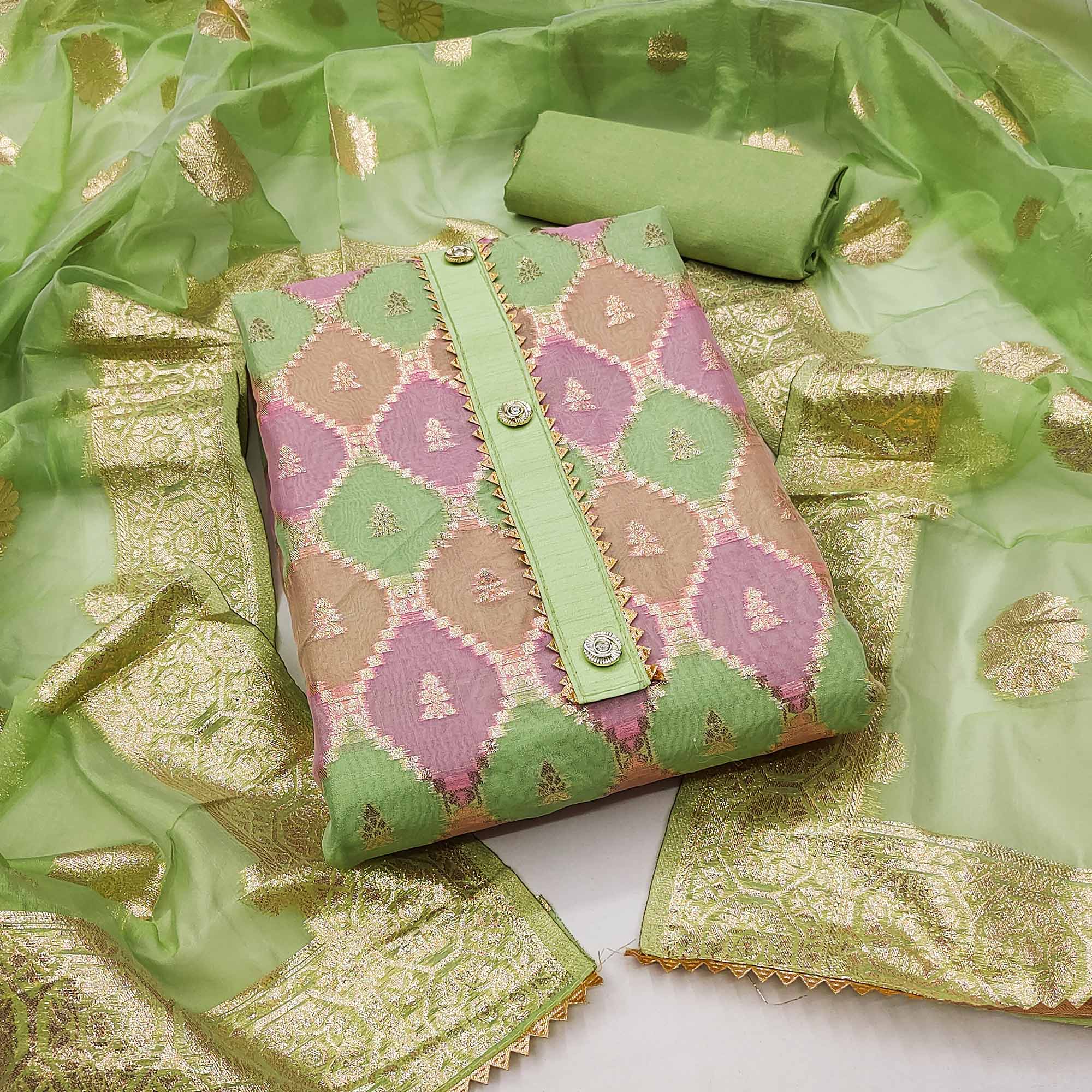 Rich Green Organza Dress Material With Intricate Zari Weaving Work