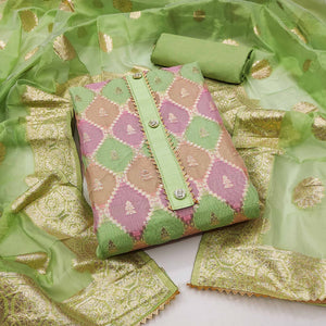 Rich Green Organza Dress Material With Intricate Zari Weaving Work